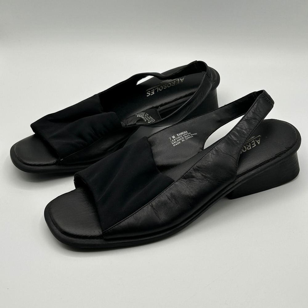 Aerosoles Ramona Black Leather Slingback Sandals Square Toe Low Block Heel 7M